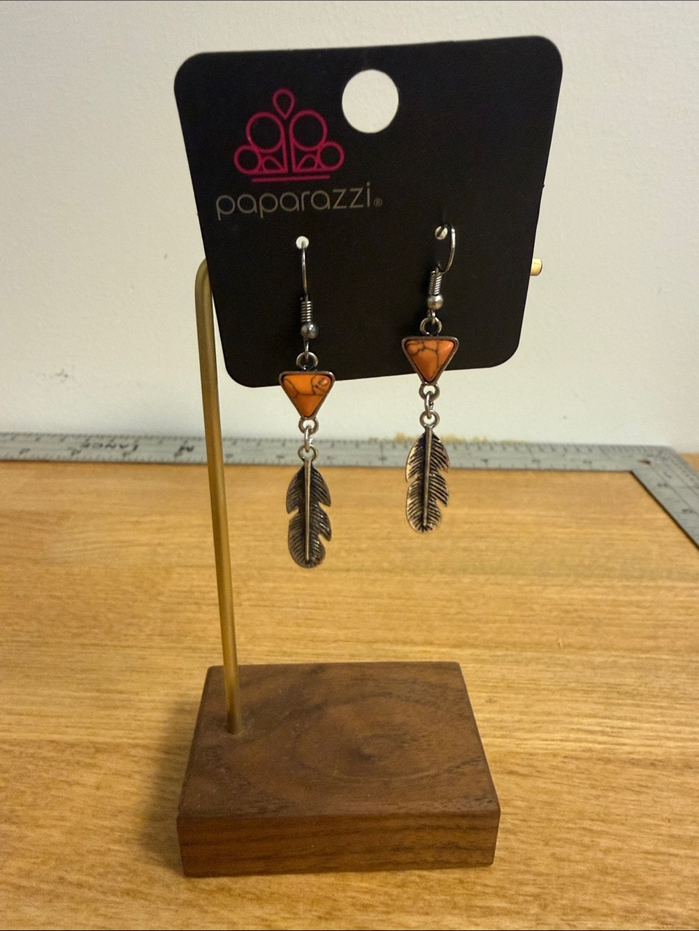 Paparazzi new feather metal earrings faux stone accent tribal native costume